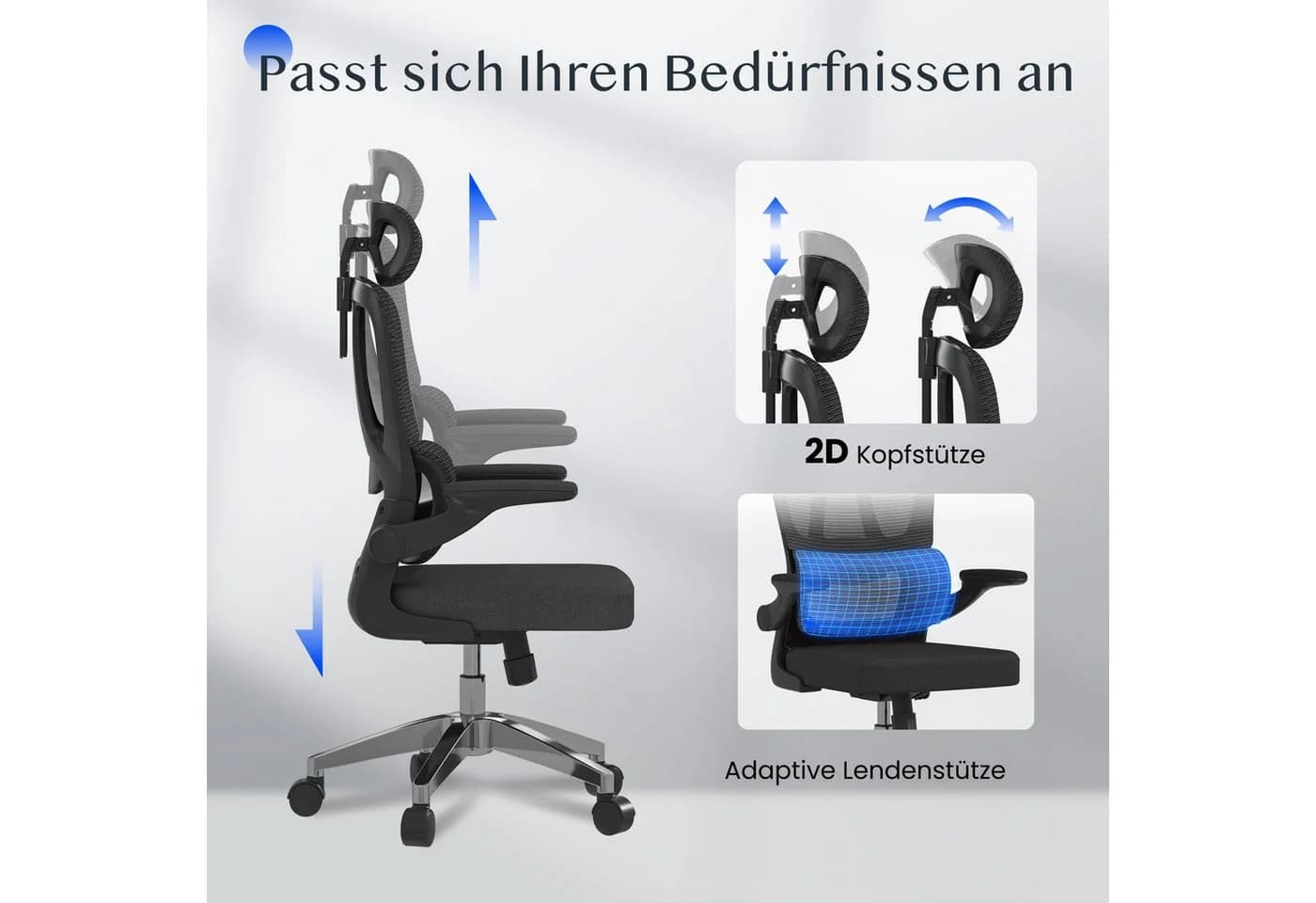 FLEXISPOT Bürostuhl Ergonomischer Schreibtischstuhl mit 2D-Kopfstütze, Klappbare Armlehnen & Dynamische Lendenstütze - Bild 5