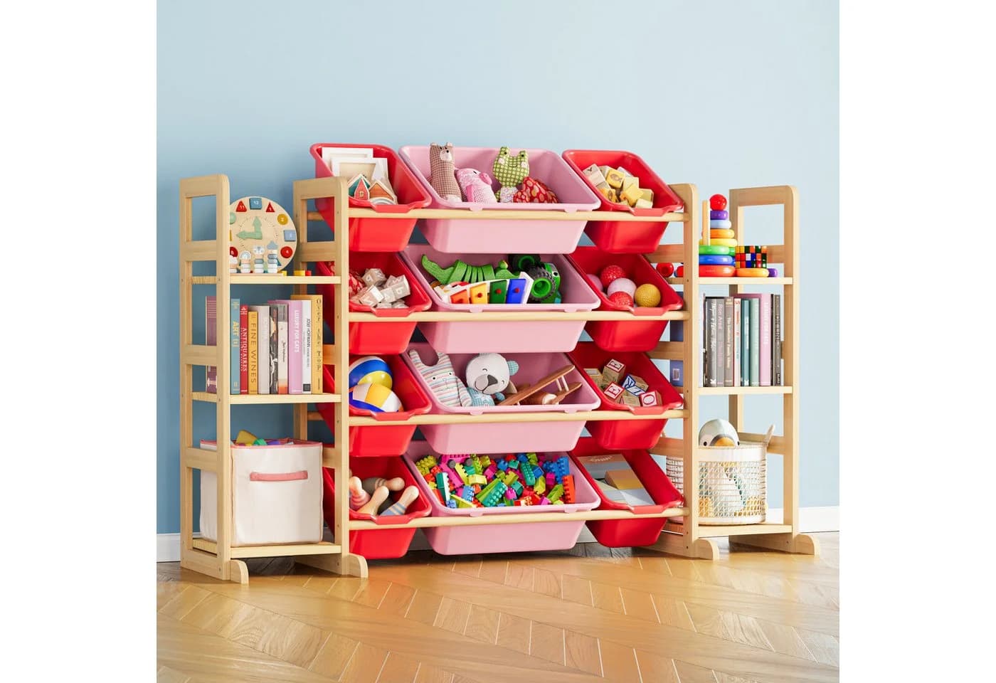 SpaceAid Kinderregal mit 6 Fächern und 12 Behältern Rot/Rosa