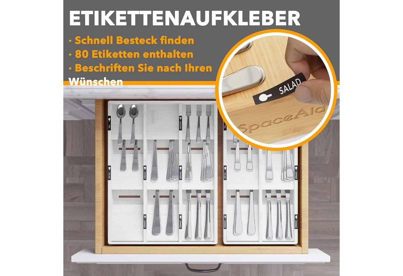 SpaceAid Besteckeinsatz Bambus 6 Fächer Weiß - Bild 4