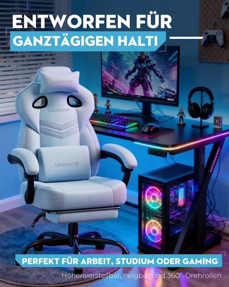 LUCKRACER Gaming-Stuhl Blau mit Memory-Schaum und Fußstütze - Bild 3