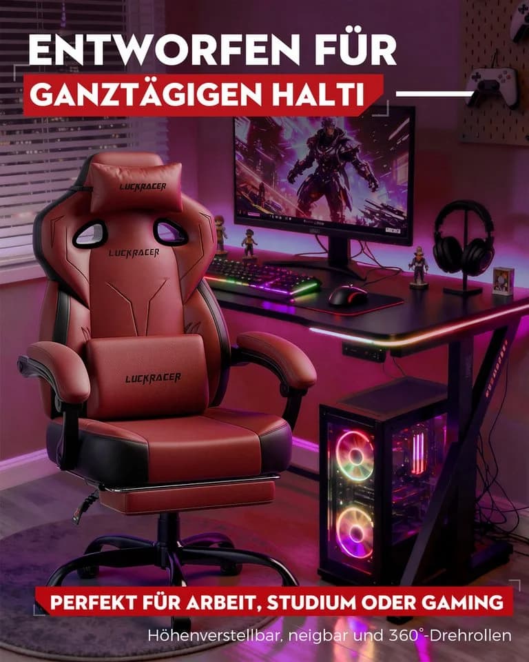 LUCKRACER Gaming-Stuhl Rot Kunstleder mit Fußstütze und Memory-Schaum