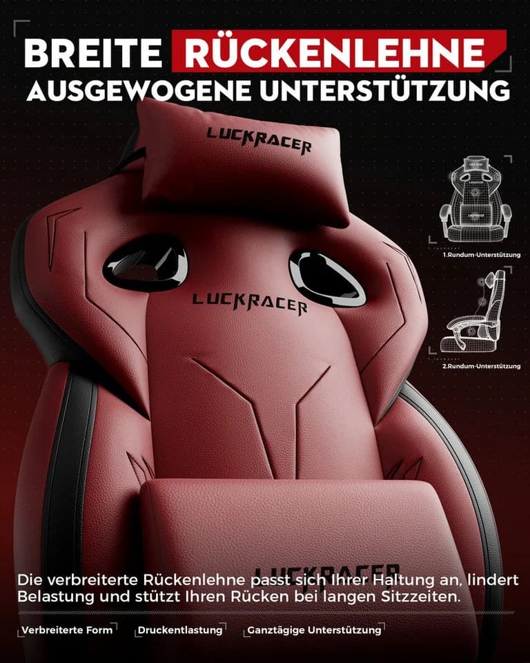 LUCKRACER Gaming-Stuhl Rot Kunstleder mit Fußstütze und Memory-Schaum - Bild 5