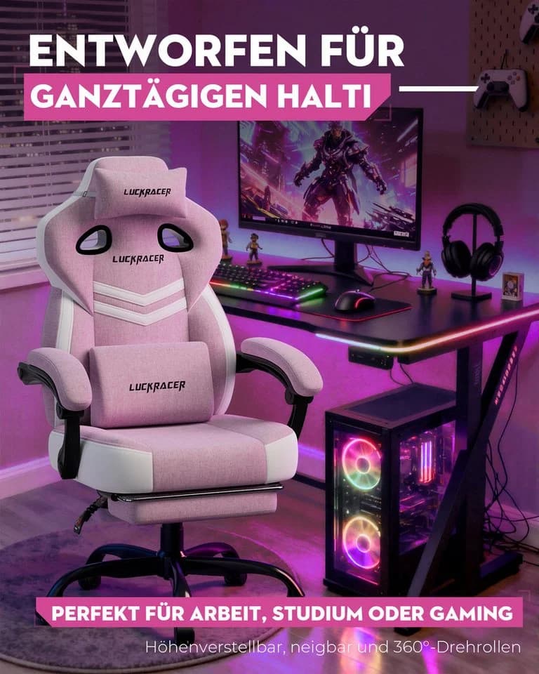 LUCKRACER Gaming-Stuhl Rosa mit Memory-Schaum und Fußstütze