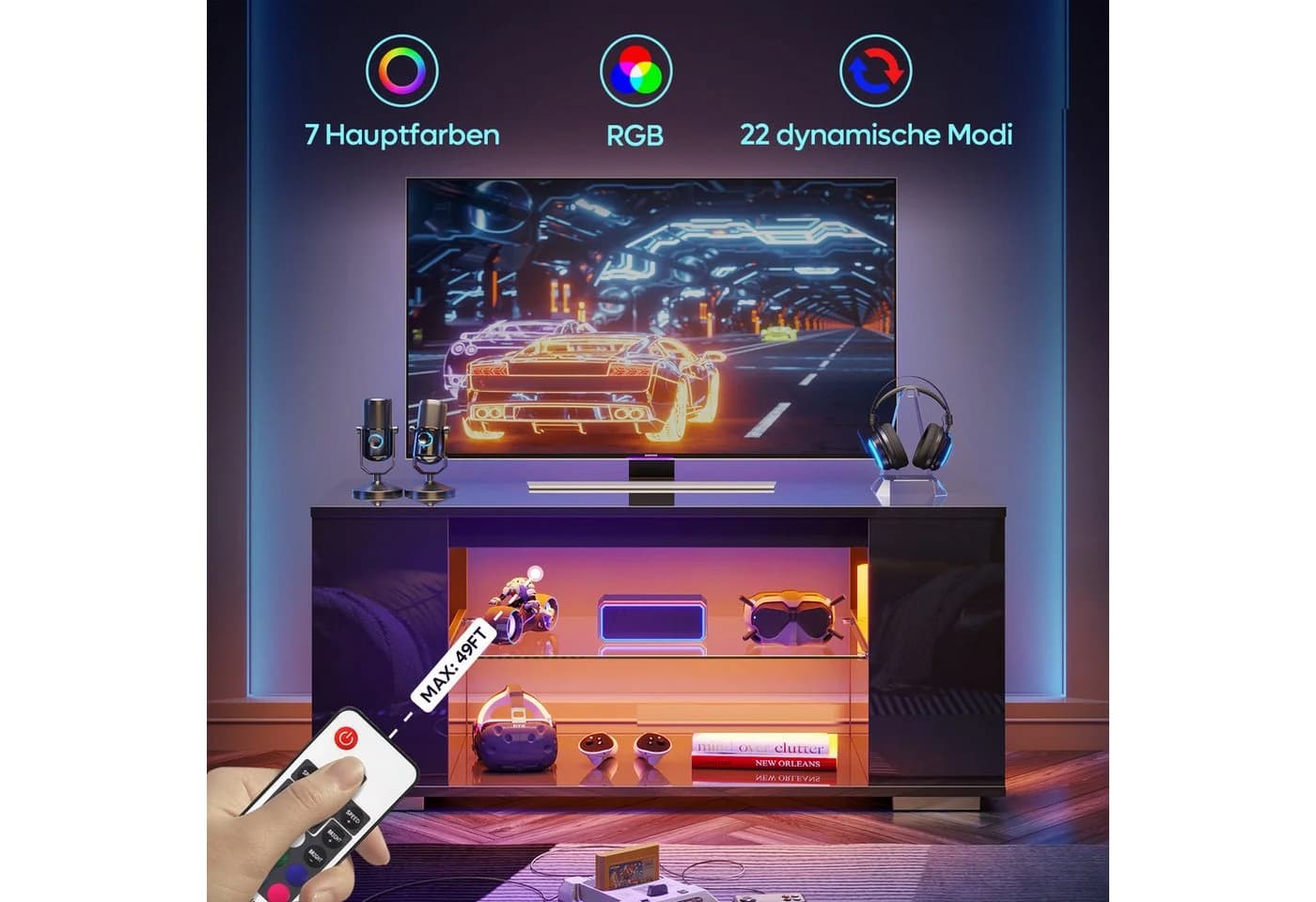 Pinmoco TV-Schrank 120 cm LED-Licht 7 Farben - Bild 5