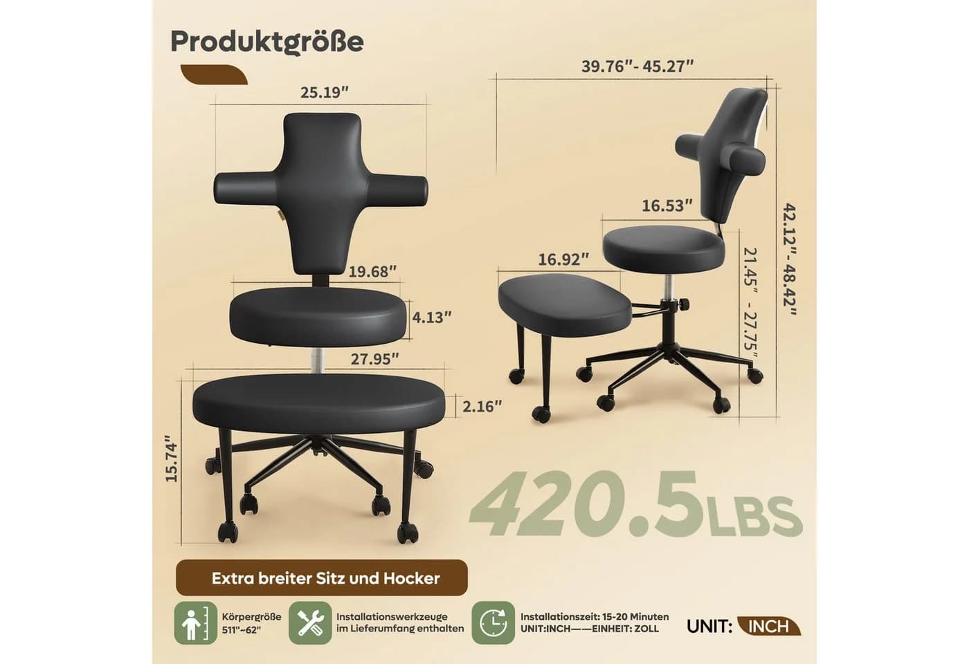 Pinmoco Bürostuhl 360° drehbar, 10,2 cm Kissen, Ergonomisch - Bild 5