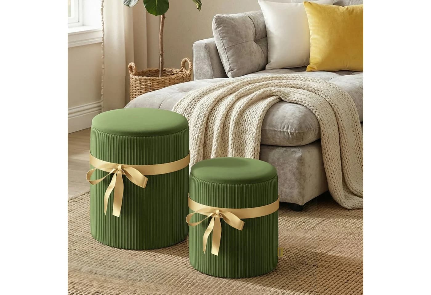 Pinmoco Sitzsack Rundes Hocker-Set 2-teilig Grün mit Stauraum