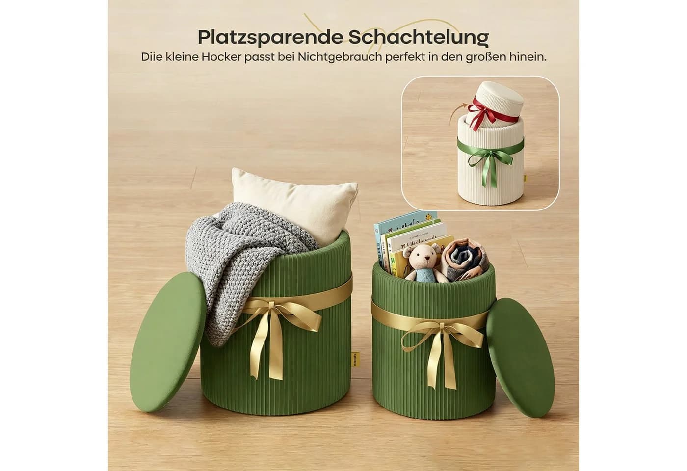 Pinmoco Sitzsack Rundes Hocker-Set 2-teilig Grün mit Stauraum - Bild 5