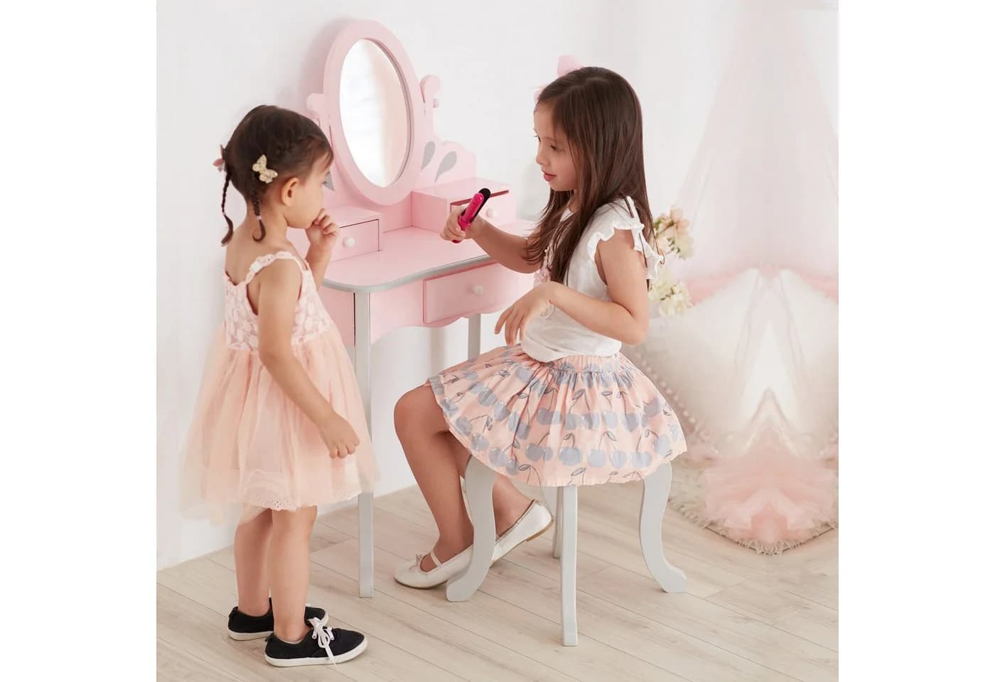 Teamson Kinder-Schminktisch Princess Rapunzel Holz Spiegel Hocker Rosa - Bild 3