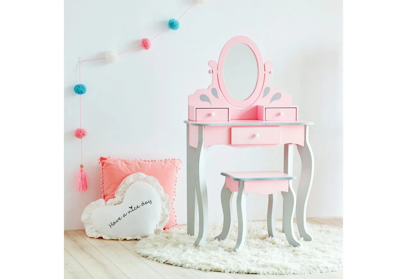 Teamson Kinder-Schminktisch Princess Rapunzel Holz Spiegel Hocker Rosa - Bild 4