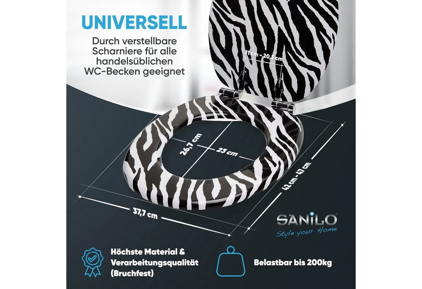 WC-Sitz SANILO Zebra Look Schwarz/Weiß MDF - Bild 4