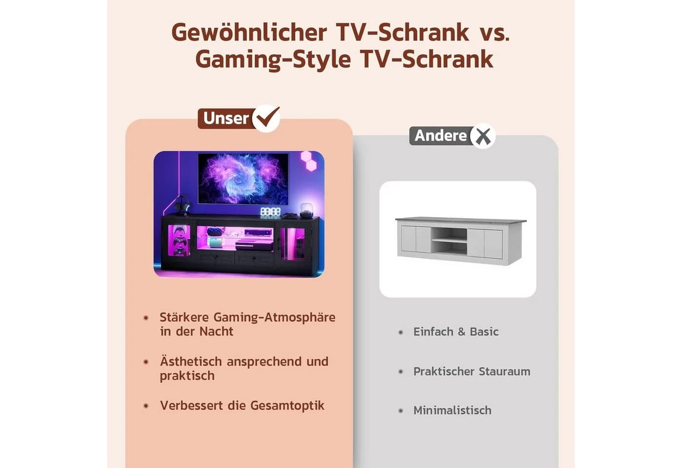 OUNUO TV-Schrank Schwarz mit Schubladen und transparenten Türen - Bild 4