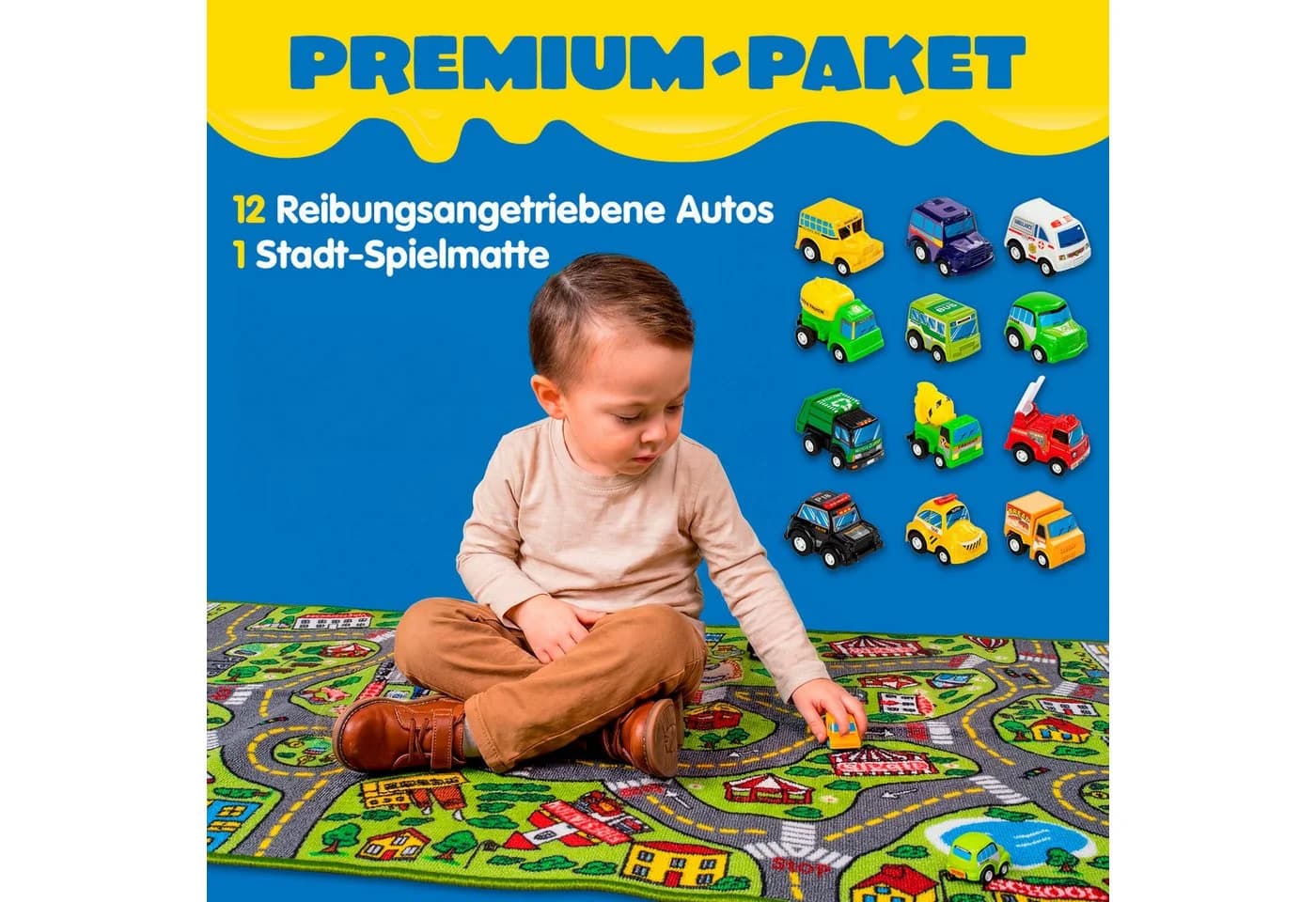 JOYIN Kinderteppich Autoteppich 80x150cm mit 12 Mini Auto Spielzeug