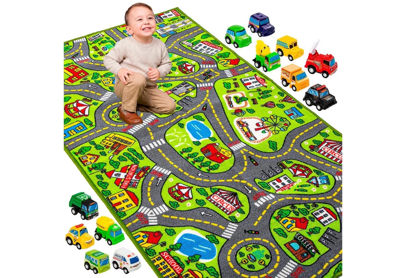 JOYIN Kinderteppich Autoteppich 80x150cm mit 12 Mini Auto Spielzeug - Bild 2