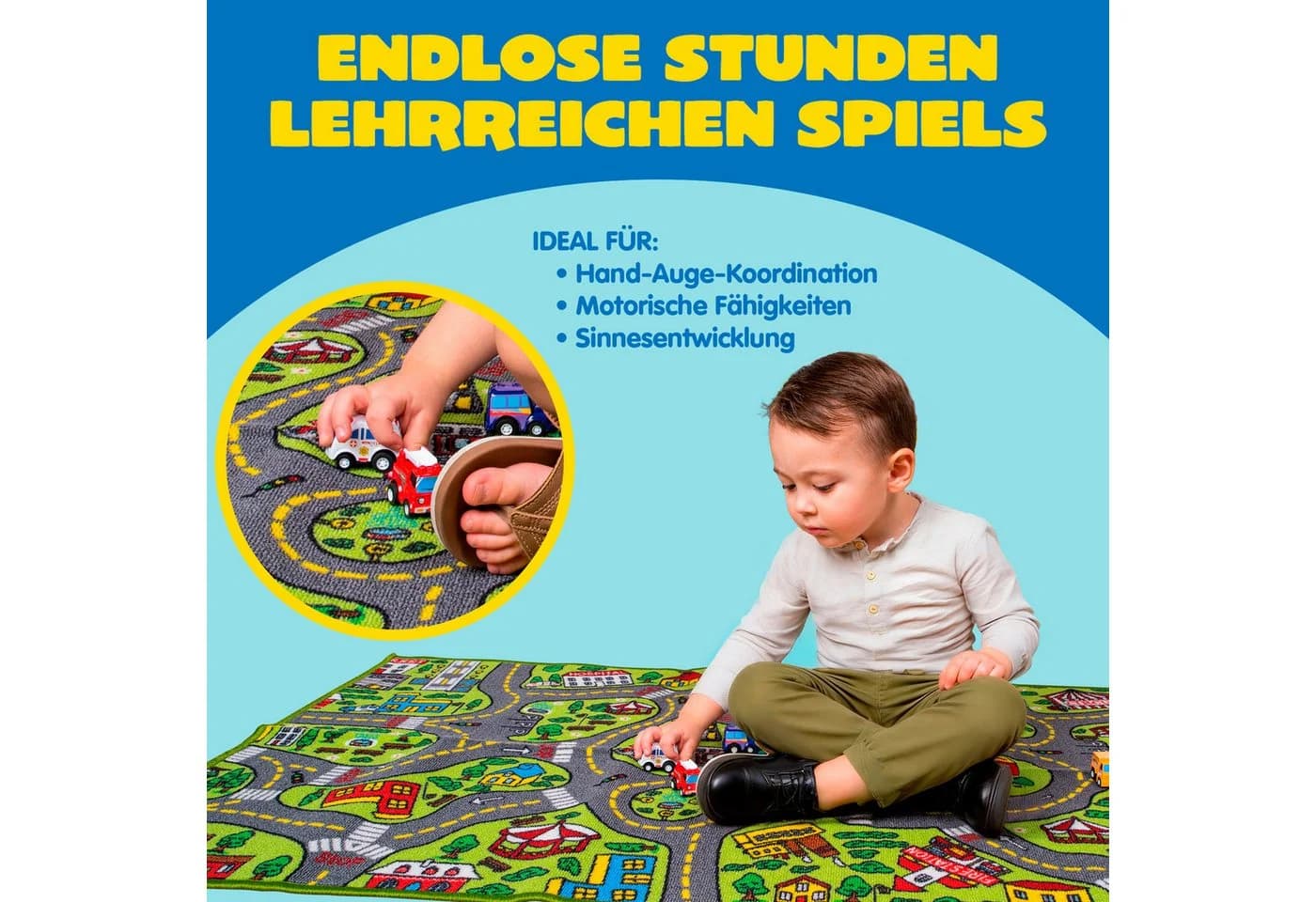 JOYIN Kinderteppich Autoteppich 80x150cm mit 12 Mini Auto Spielzeug - Bild 4