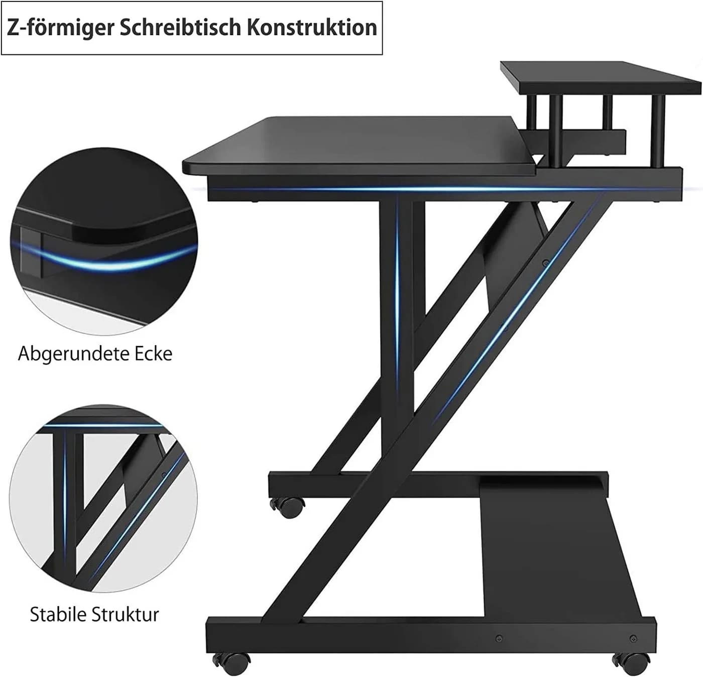 Dripex Computertisch mit Rollen - Moderner Z-förmiger Arbeitstisch Schwarz - Bild 3