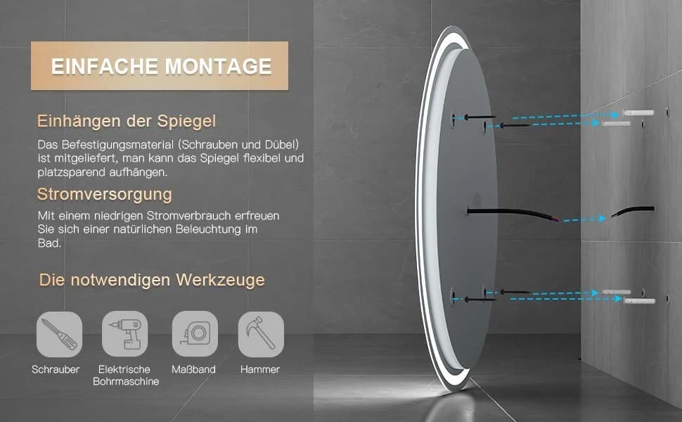 Dripex Badspiegel LED Oval Spiegel, Beschlagfrei Badezimmerspiegel, Wandspiegel mit Beleuchtung, 3 Lichtfarbe, Dimmbar - Bild 5