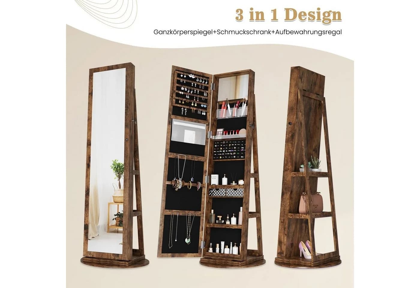 Dripex Schmuckschrank Spiegelschrank mit Ganzkörperspiegel Vintage Braun