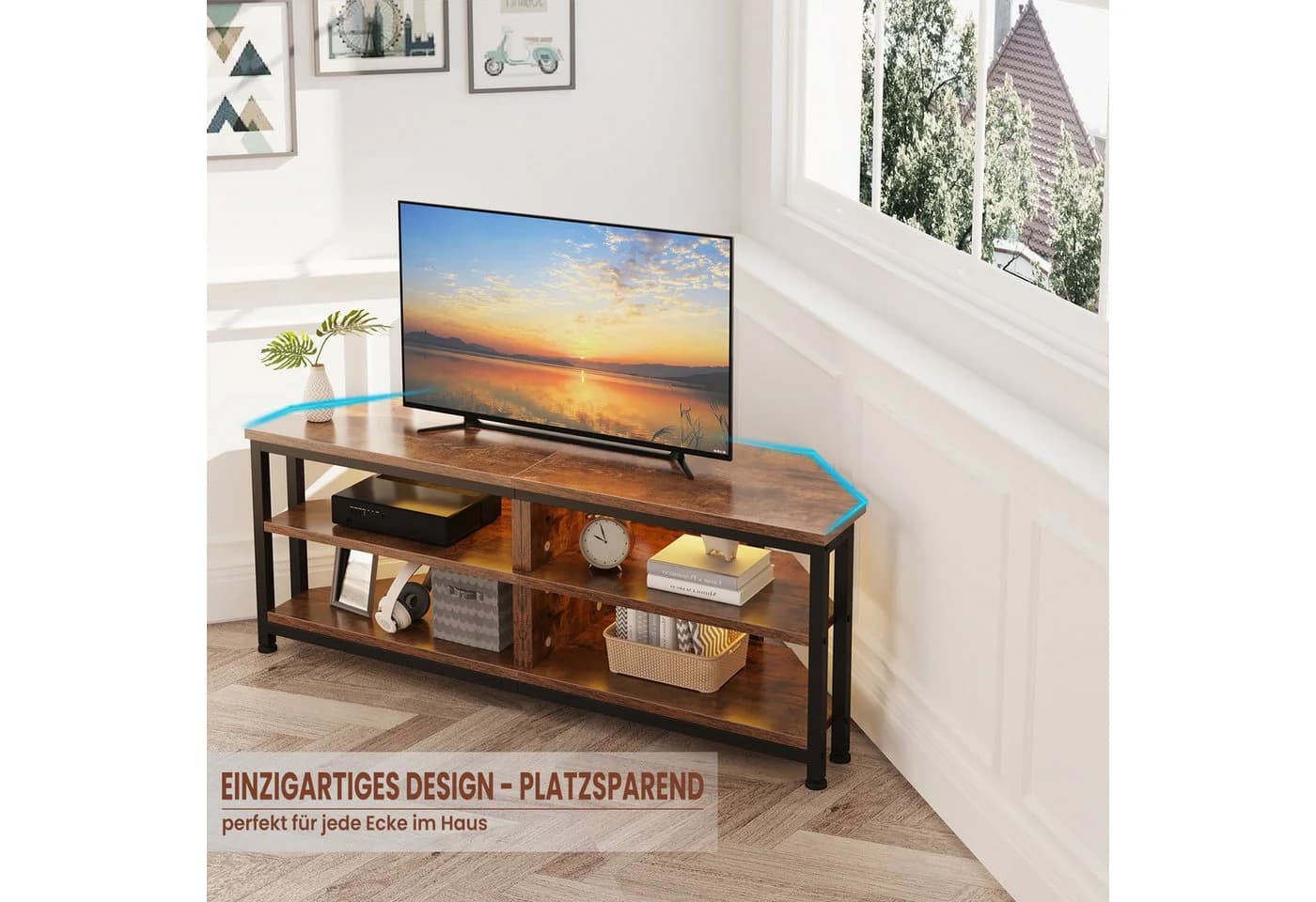 Dripex TV Lowboard Eckschrank Braun Vintage Design mit LED Beleuchtung