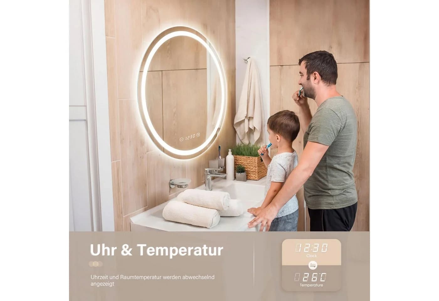 Dripex LED Badspiegel Rund mit Uhr & Bluetooth Lautsprecher