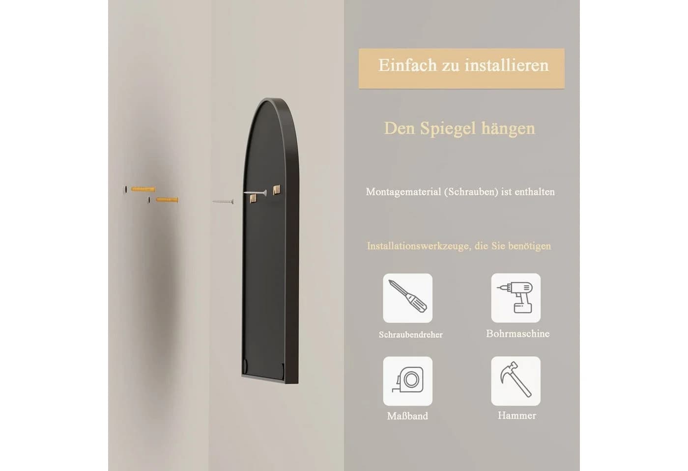 Dripex Wandspiegel Rundbogen Schminkspiegel Aluminiumrahmen Rosegold - Bild 5