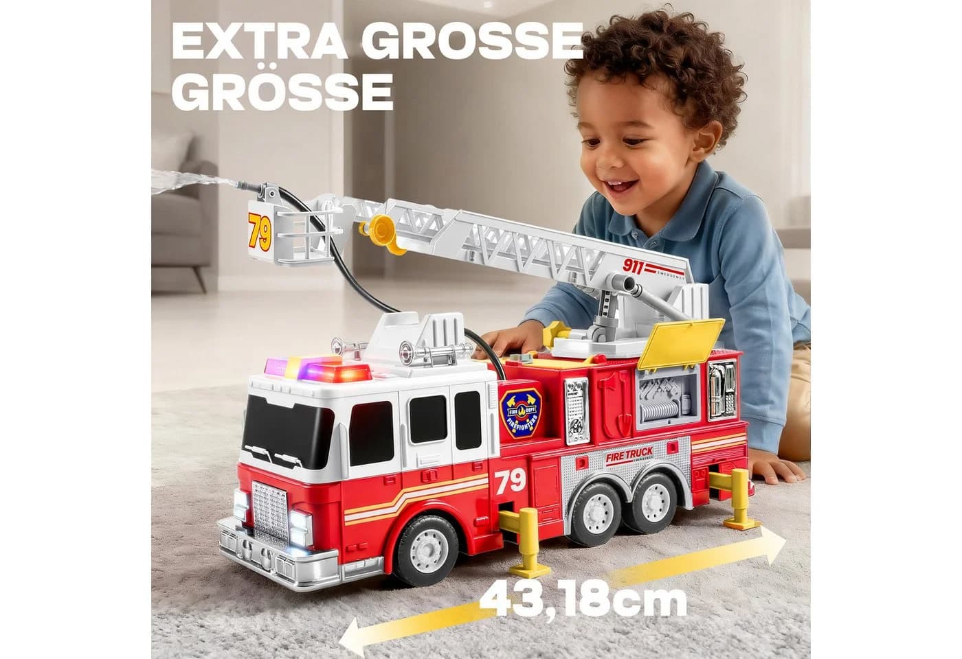 JOYIN Großes Feuerwehrauto mit 83 cm Leiter, Rot