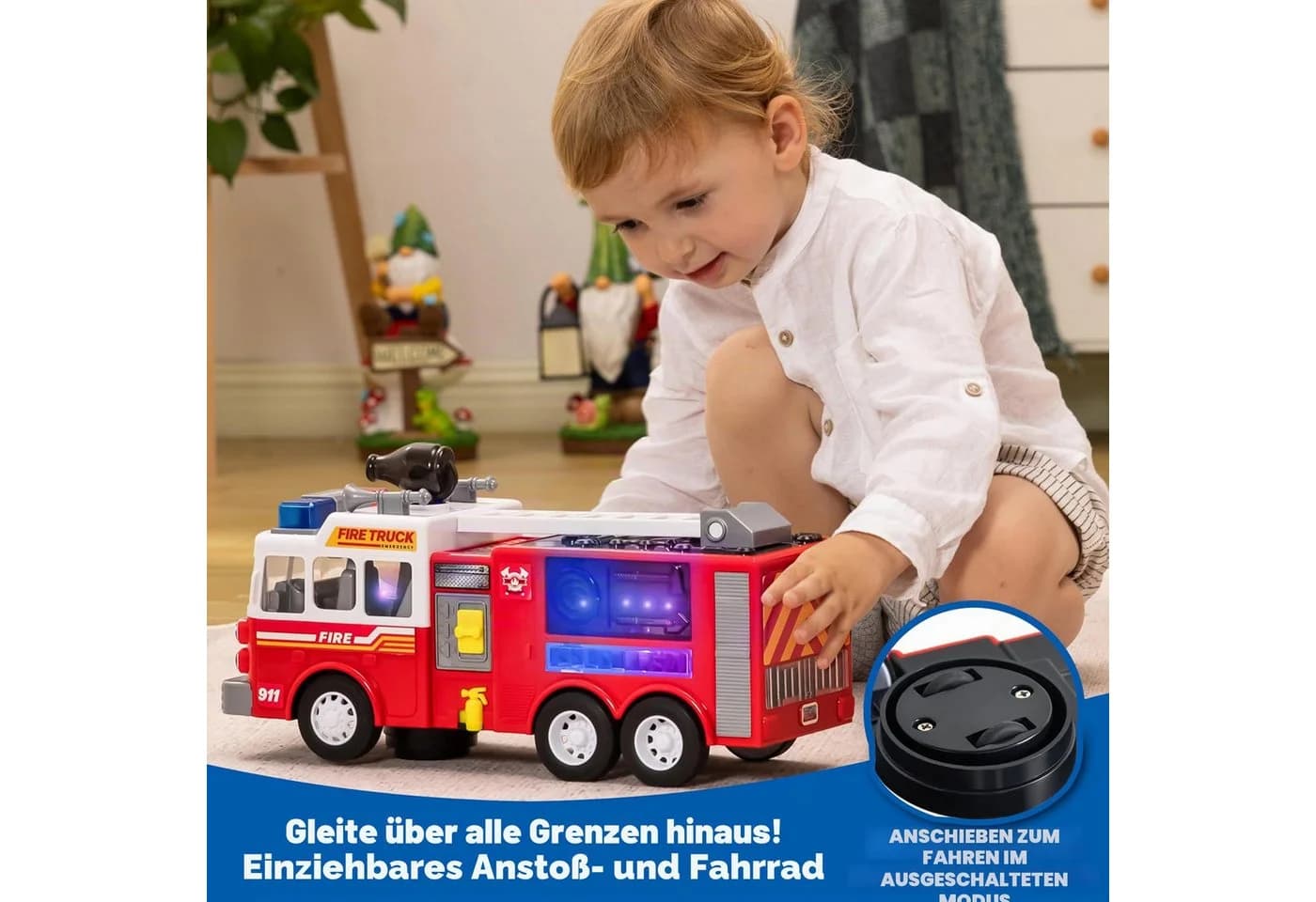 JOYIN Spielzeug-Feuerwehr mit LED-Projektion und Sirene, Rot - Bild 5
