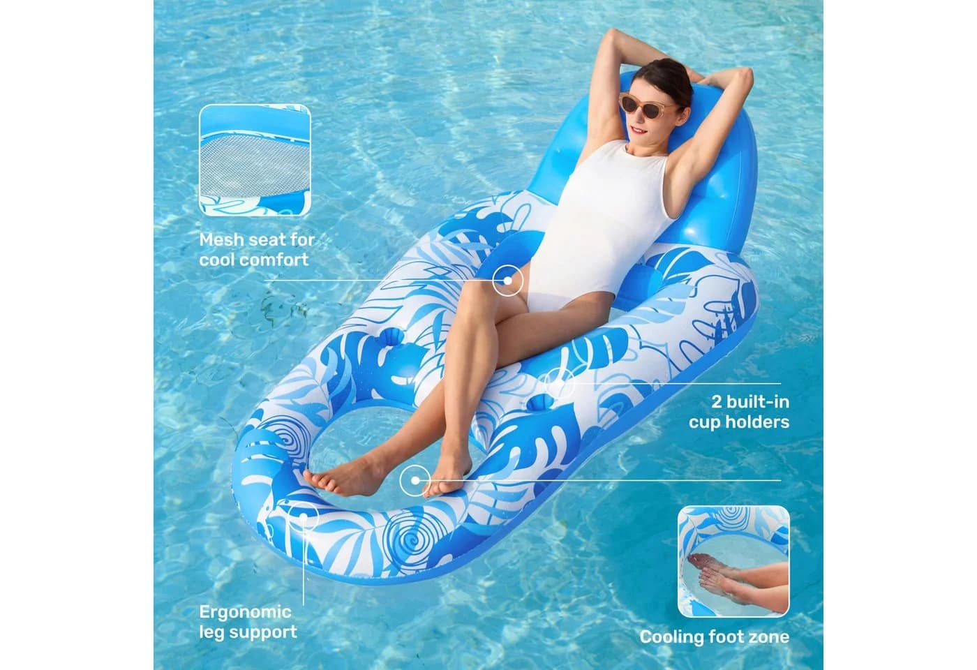 sloosh Luftsessel Aufblasbare Pool-Liege Blau mit Getränkehaltern & Fußstütze - Bild 4