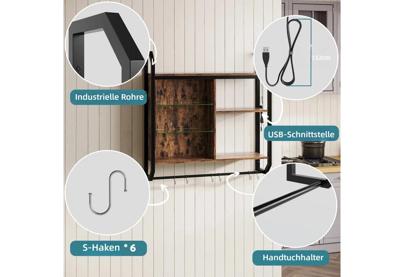 Bestier LED-Wandregal Küchenregal 84 cm Braun Industriestil - Bild 5