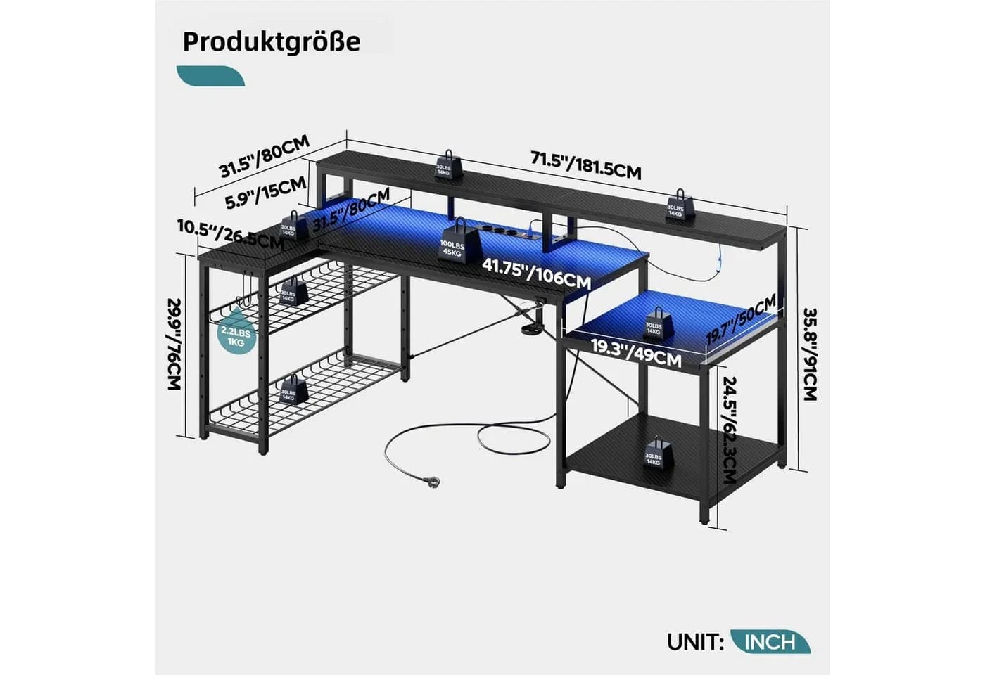 Bestier Gamingtisch 181 x 80 cm L-förmiger Schreibtisch Schwarz