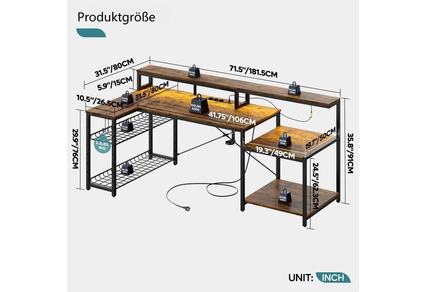 Bestier Gamingtisch 181 x 80 cm L-förmiger Schreibtisch mit LED-Beleuchtung