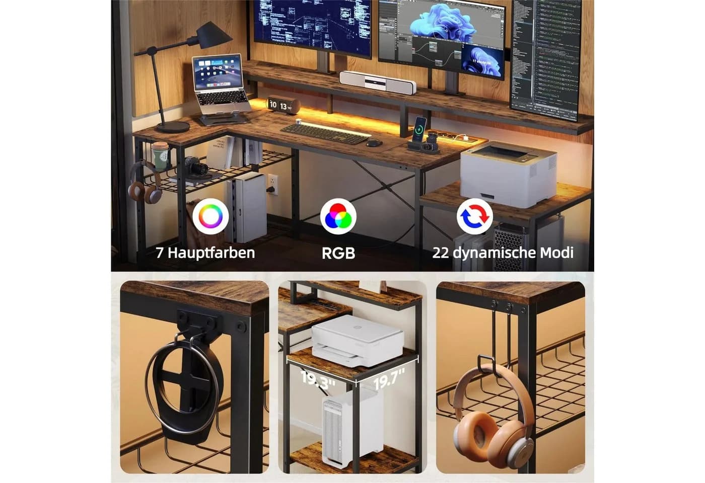 Bestier Gamingtisch 181 x 80 cm L-förmiger Schreibtisch mit LED-Beleuchtung - Bild 3
