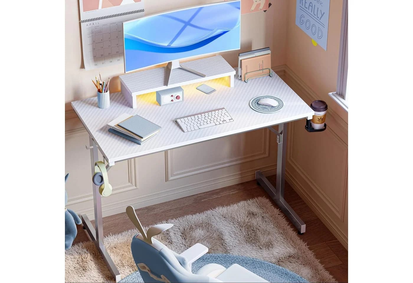 Bestier Gamingtisch 106x50x85 cm LED-Licht Kohlefaser