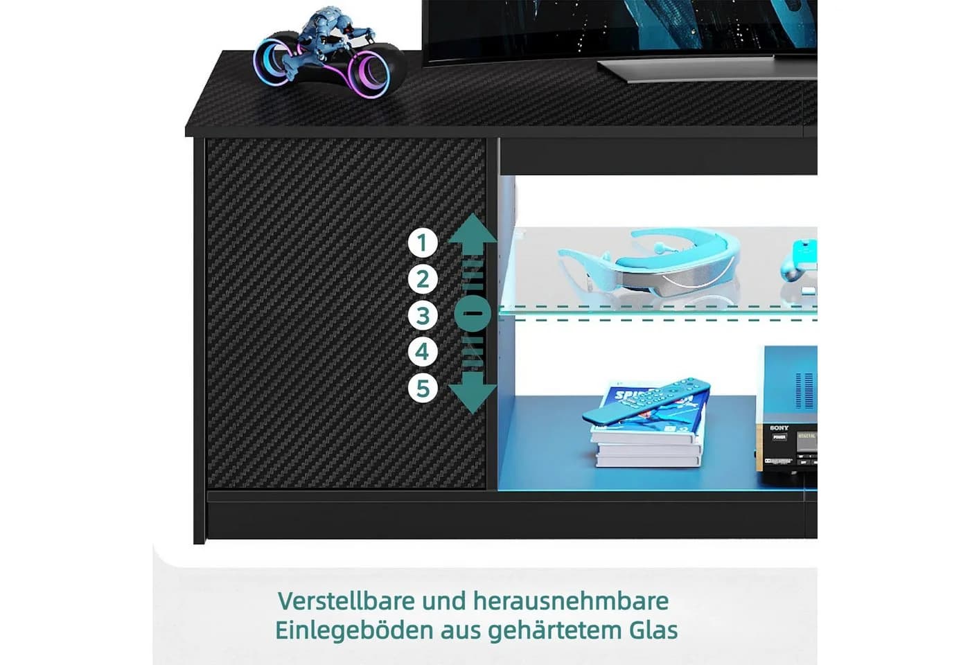 Bestier Lowboard TV-Schrank mit RGB-LED, 144,8 cm, Schwarz - Bild 4