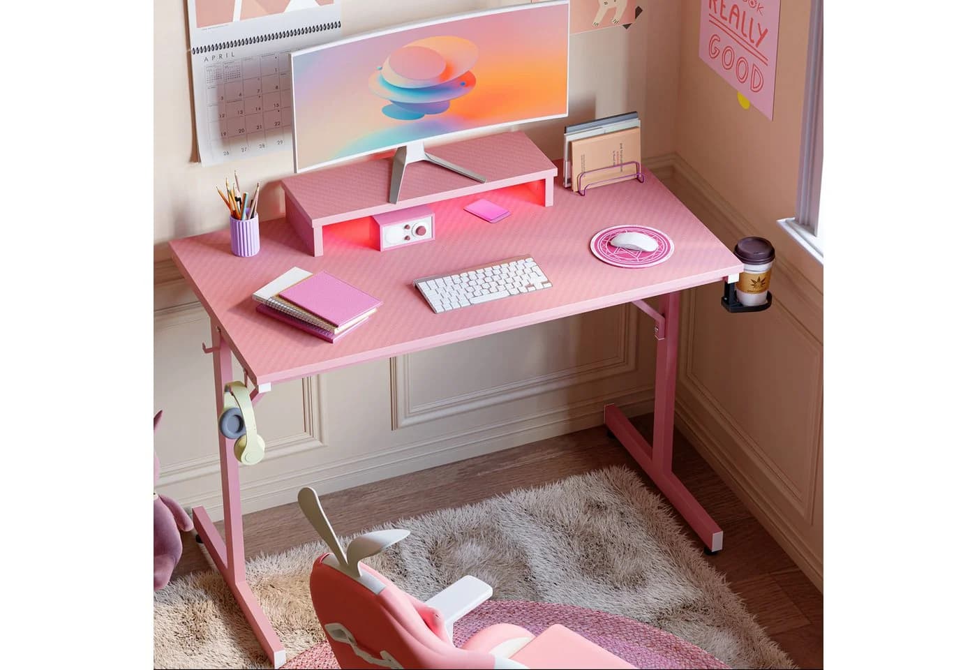 Bestier Gamingtisch 106cm mit RGB-LED, Jugendschreibtisch Rosa
