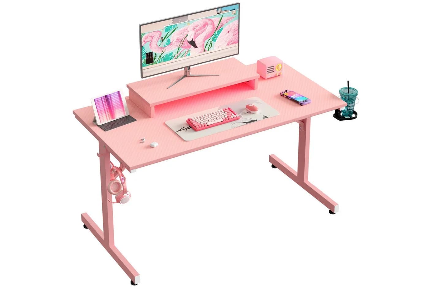 Bestier Gamingtisch 106cm mit RGB-LED, Jugendschreibtisch Rosa - Bild 2
