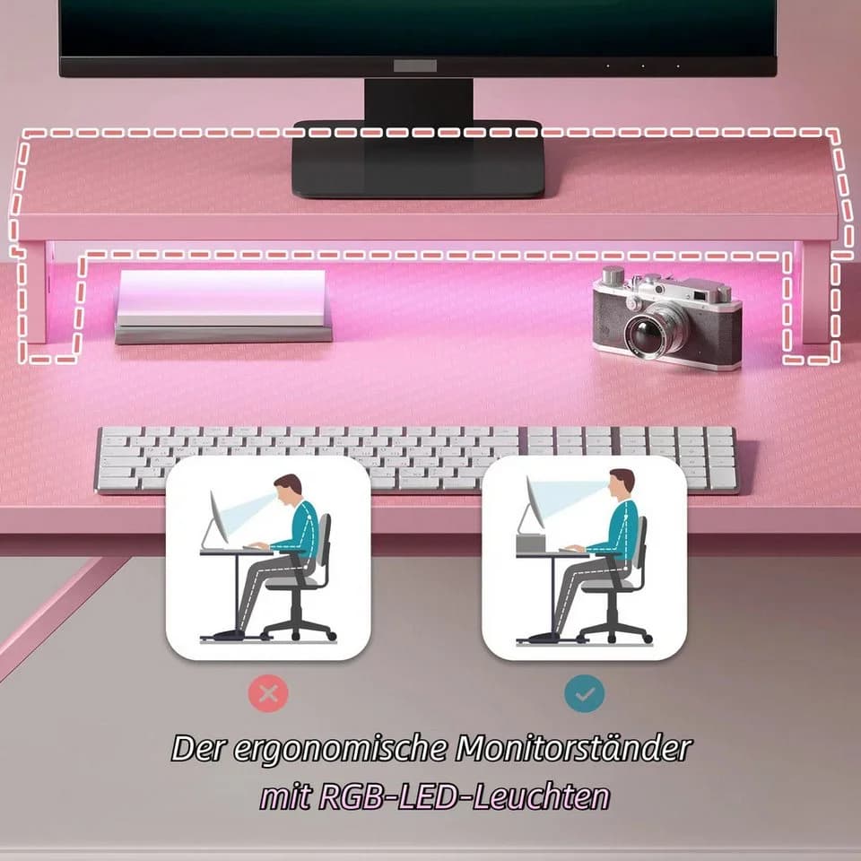 Bestier Gamingtisch 106cm mit RGB-LED, Jugendschreibtisch Rosa - Bild 3