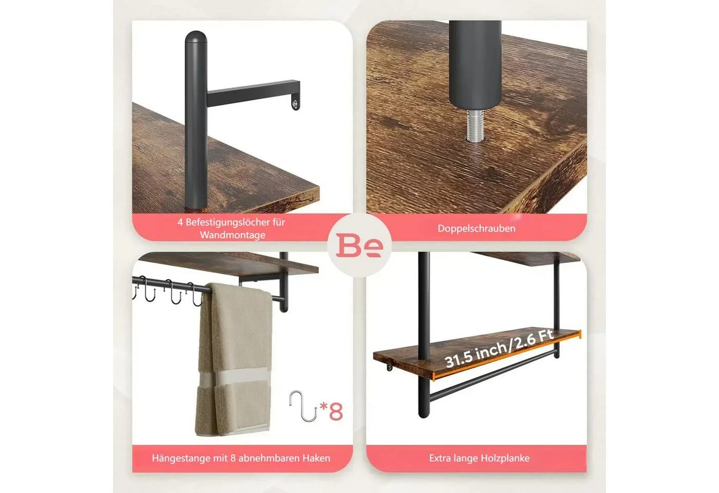 Bestier Wandregal Holz Küchenregal Badezimmer Metall Schwebendes Regal Wandmontage Bücherregal Handtuchhalter Haken Kaffeebar Regal Weinhalter Wohnzimmer Deko