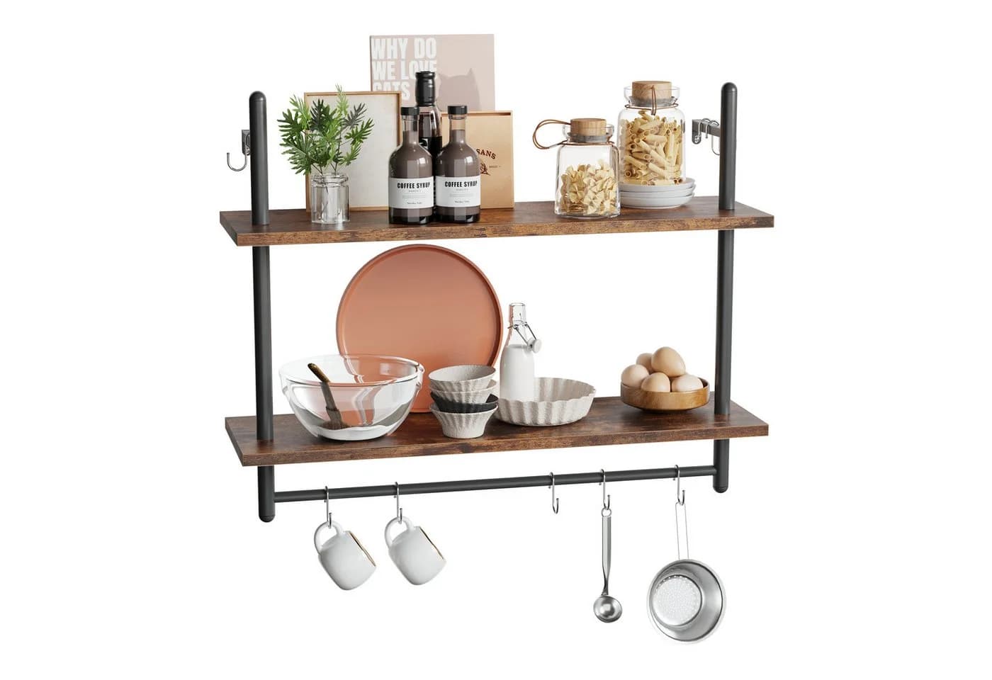 Bestier Wandregal Holz Küchenregal Badezimmer Metall Schwebendes Regal Wandmontage Bücherregal Handtuchhalter Haken Kaffeebar Regal Weinhalter Wohnzimmer Deko - Bild 2