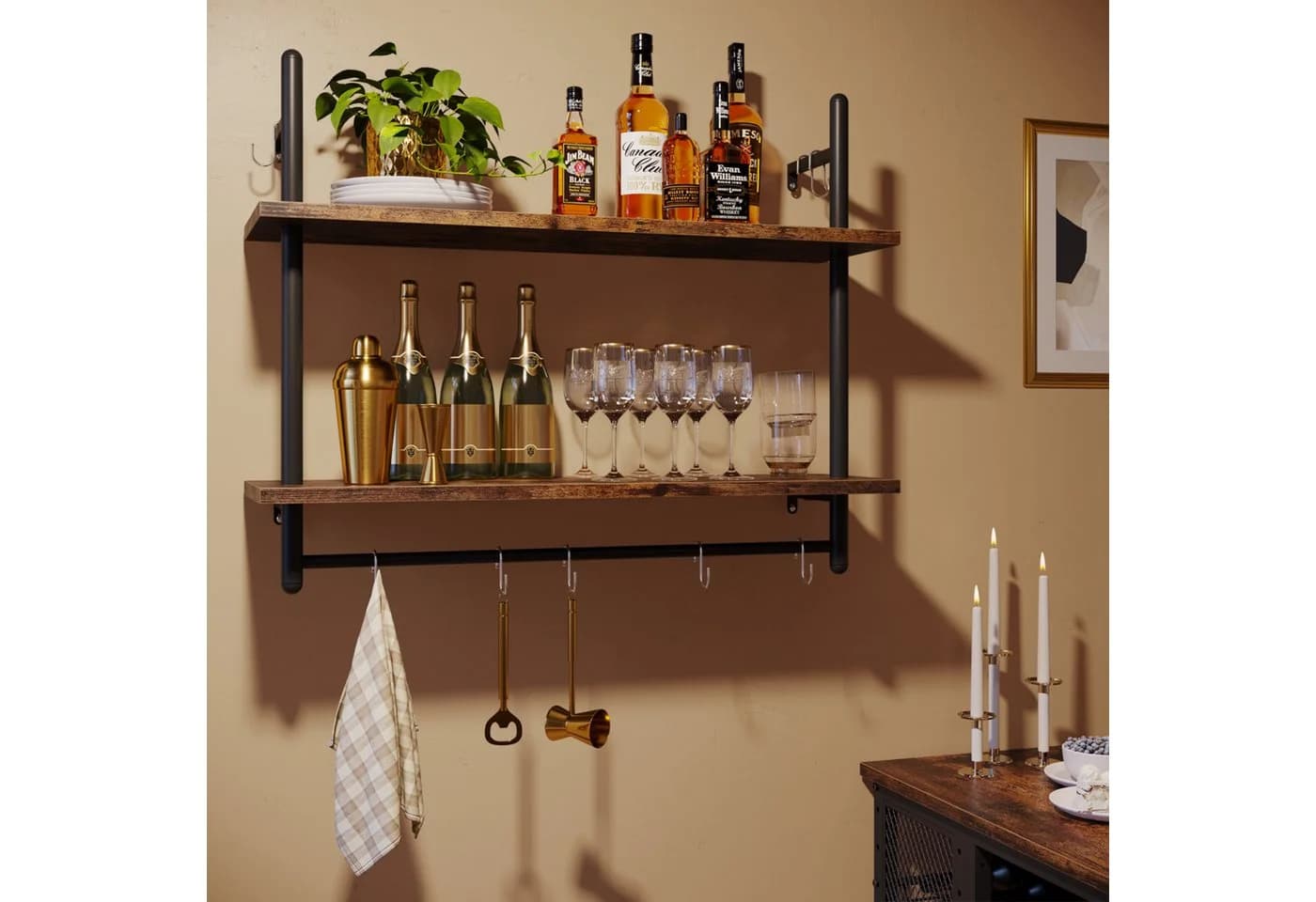 Bestier Wandregal Holz Küchenregal Badezimmer Metall Schwebendes Regal Wandmontage Bücherregal Handtuchhalter Haken Kaffeebar Regal Weinhalter Wohnzimmer Deko - Bild 4