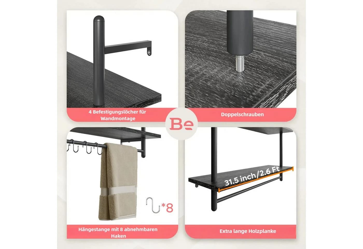Bestier Wandregal Holz Küchenregal Badezimmer Metall Schwebendes Regal Handtuchhalter