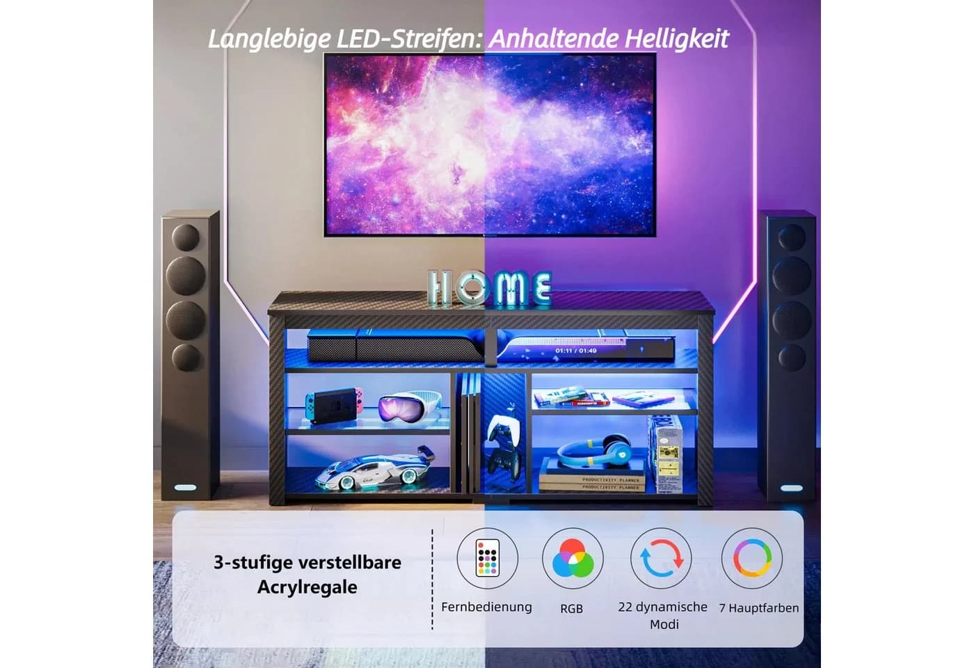Bestier Lowboard TV-Schrank mit LED-Beleuchtung Weiß/Schwarz