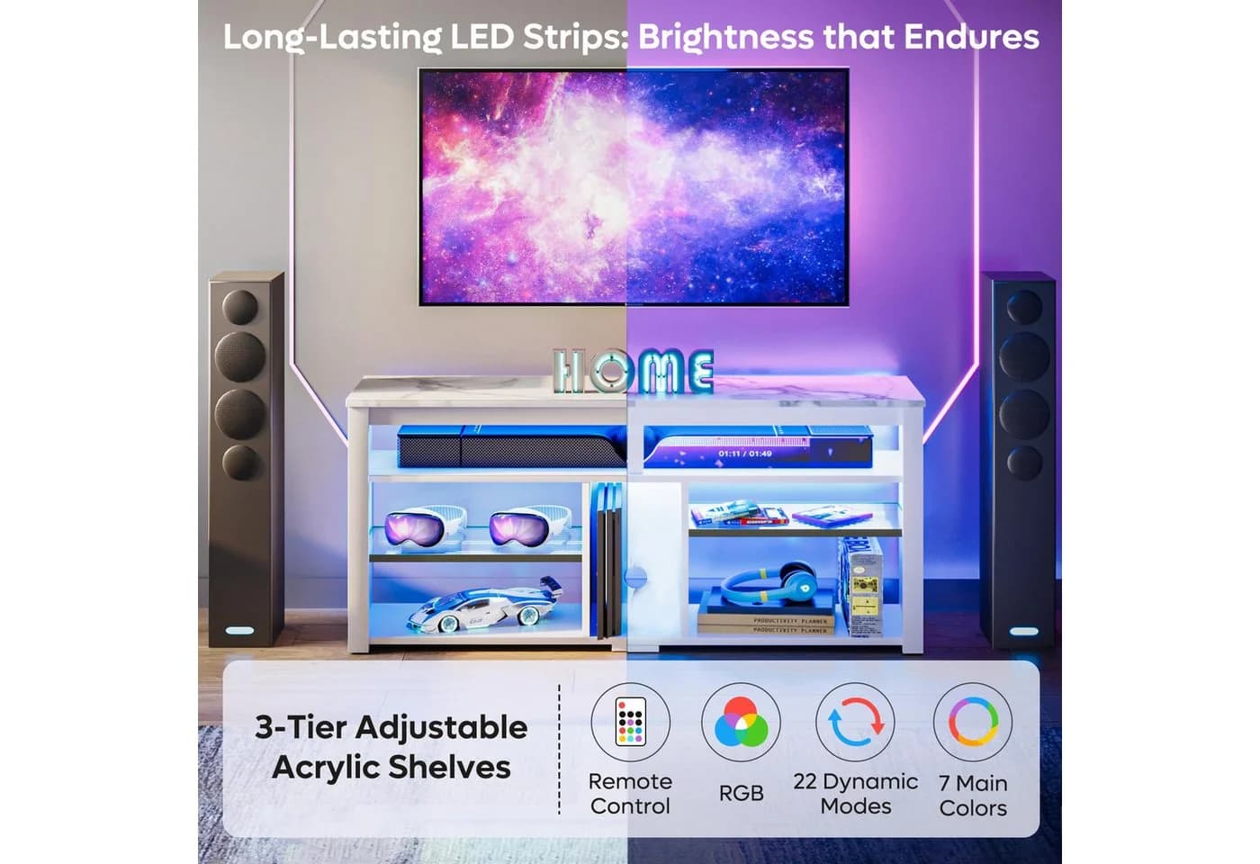 Bestier Lowboard TV-Schrank Weiß/Schwarz LED-Beleuchtung