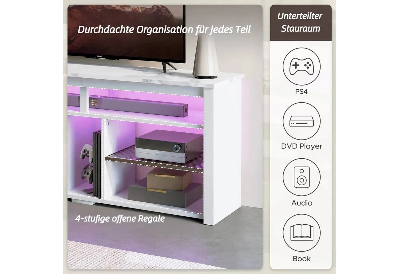 Bestier Lowboard TV-Schrank Weiß/Schwarz LED-Beleuchtung - Bild 3