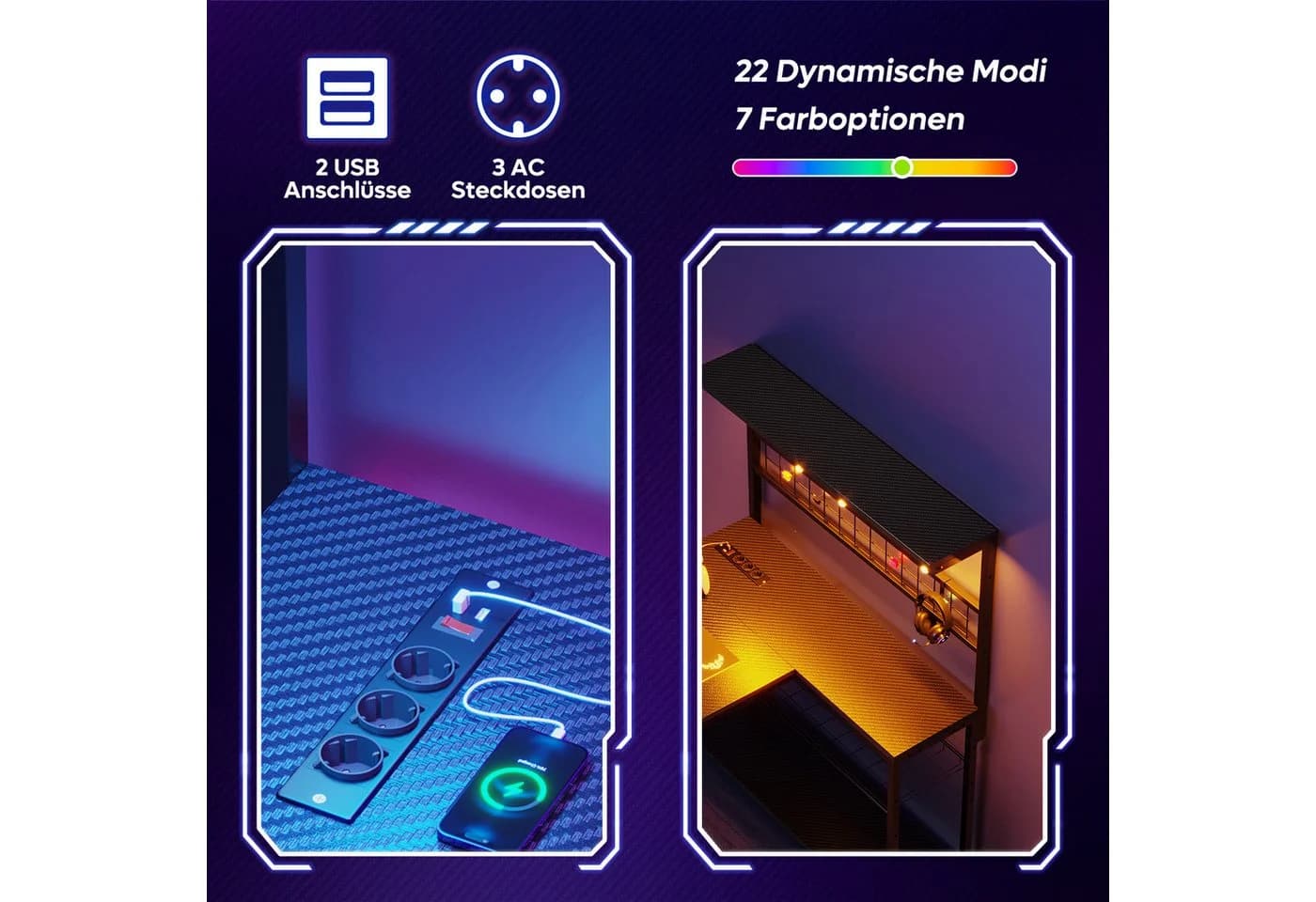 Bestier Gamingtisch L-förmig mit LED-Beleuchtung 106,6 x 82,5 x 135 cm
