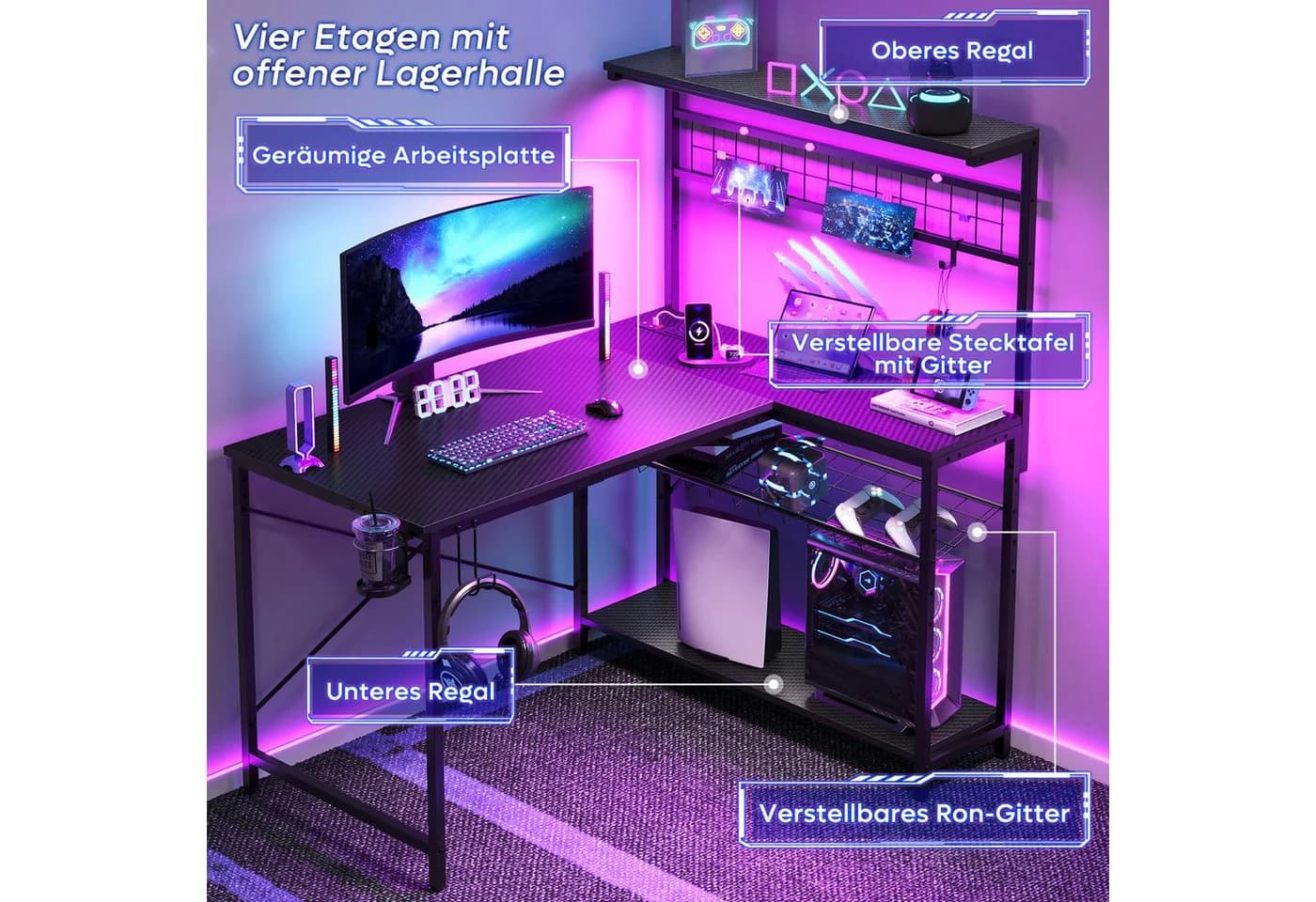 Bestier Gamingtisch L-förmig mit LED-Beleuchtung 106,6 x 82,5 x 135 cm - Bild 4