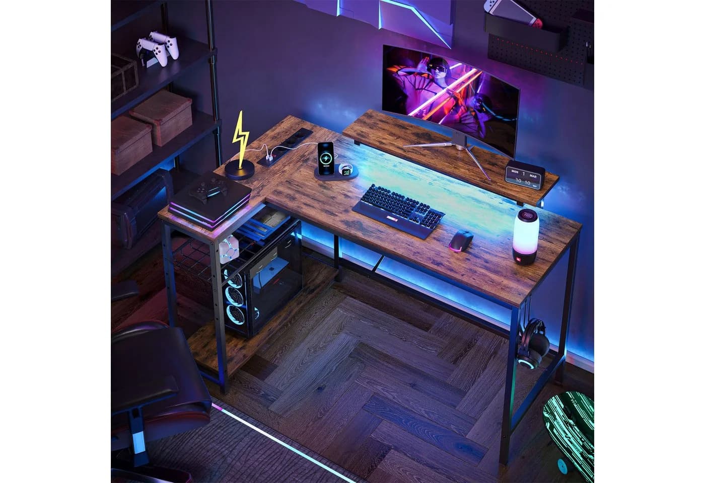 Bestier L-förmiger Gaming Schreibtisch 122x82 cm mit Regal & LED-Beleuchtung - Bild 1