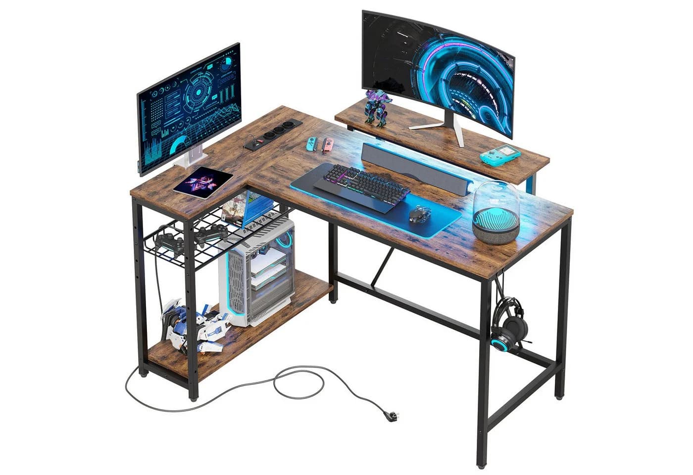 Bestier L-förmiger Gaming Schreibtisch 122x82 cm mit Regal & LED-Beleuchtung - Bild 2