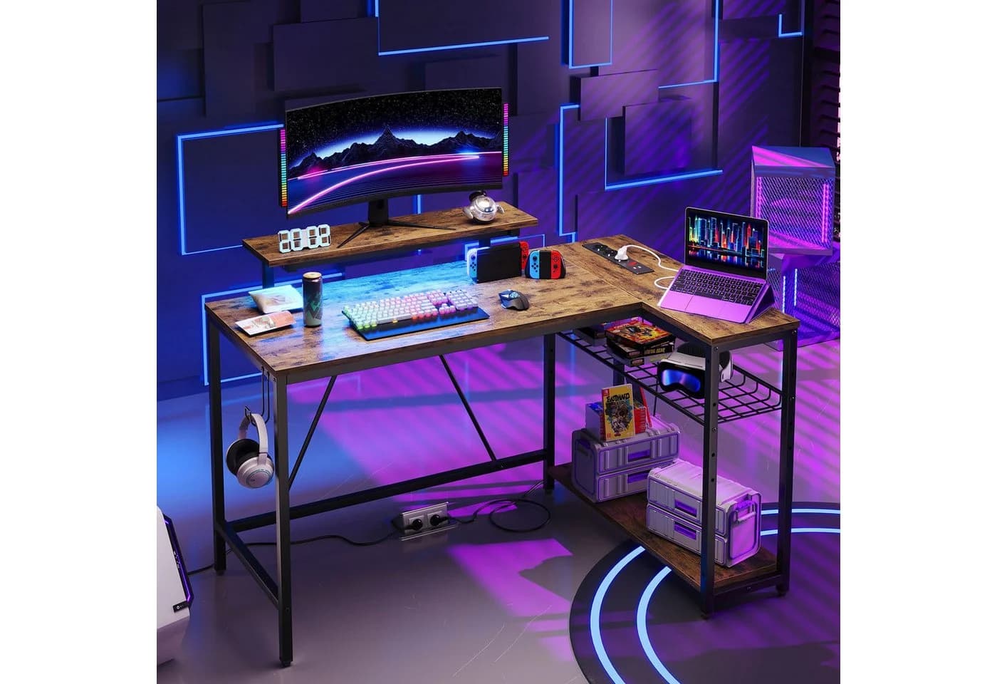 Bestier L-förmiger Gaming Schreibtisch 122x82 cm mit Regal & LED-Beleuchtung - Bild 3