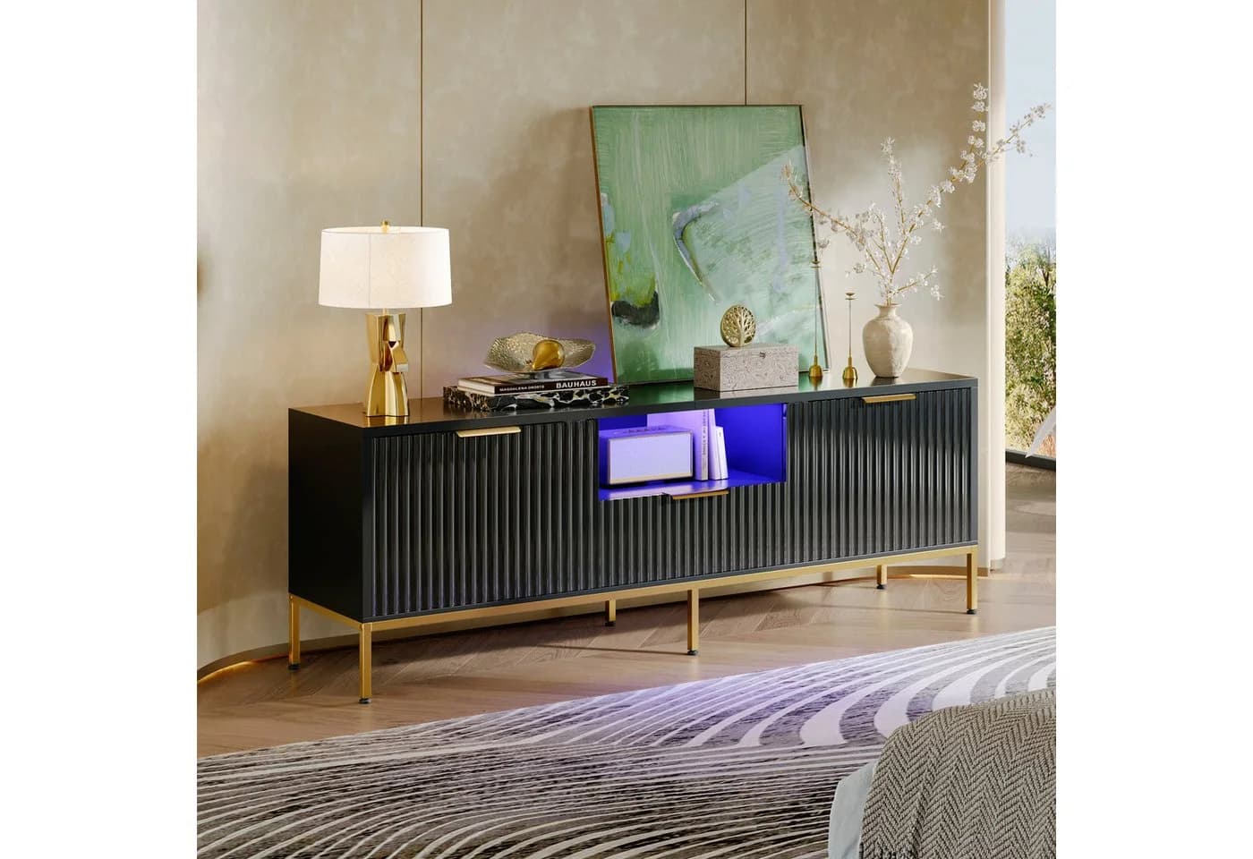 Bestier TV-Schrank Lowboard 65 Zoll Schwarz Gold - Bild 3
