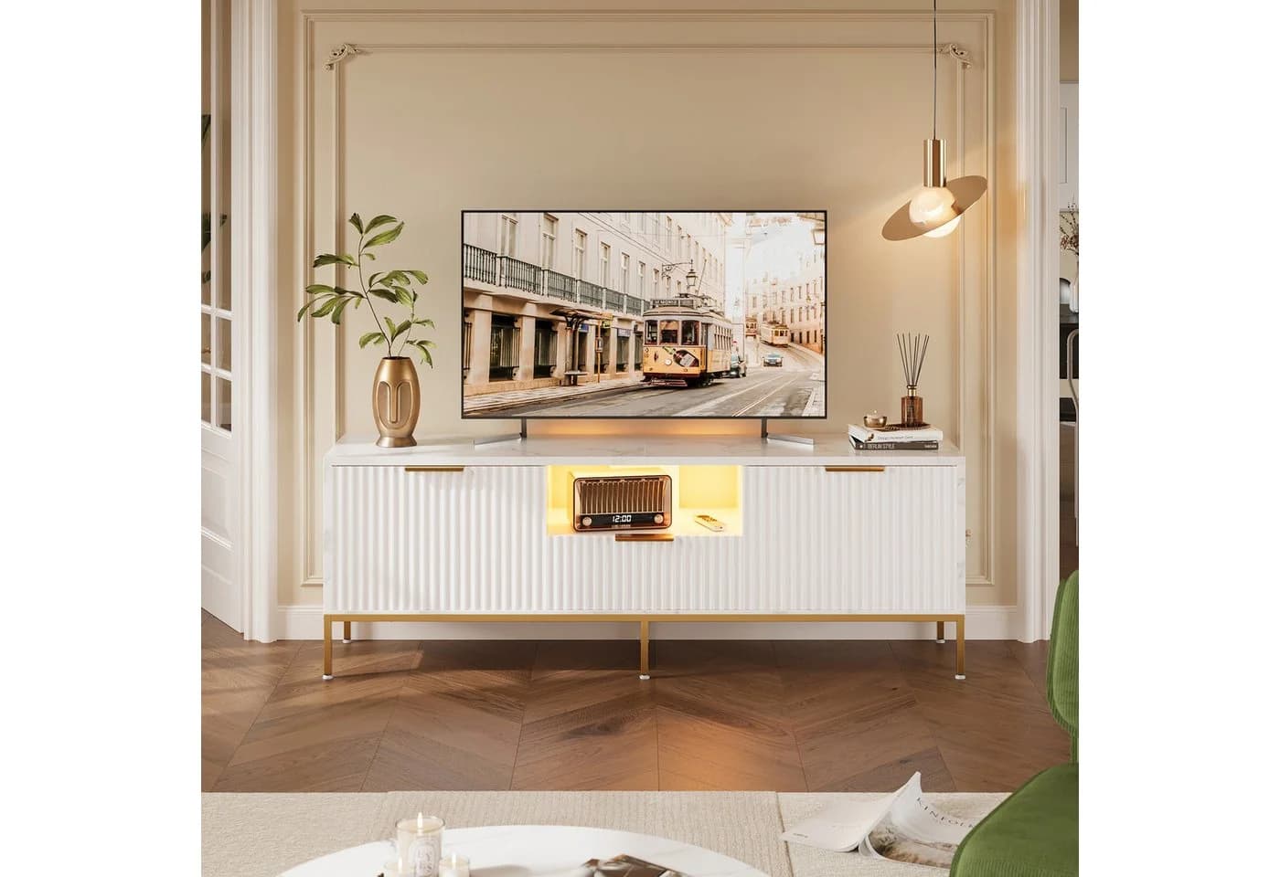 Bestier TV-Schrank Lowboard 65 Zoll Gold Glanz Wellenmuster
